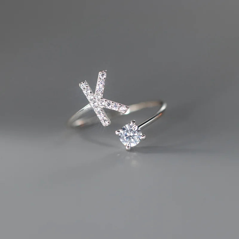 Zircon Initial A-Z Letter Ring For Women Metal Adjustable Opening Ring Name Alphabet Female Wedding Gift Anillos Mujer - K