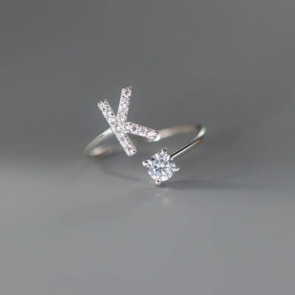Zircon Initial A-Z Letter Ring For Women Metal Adjustable Opening Ring Name Alphabet Female Wedding Gift Anillos Mujer - K