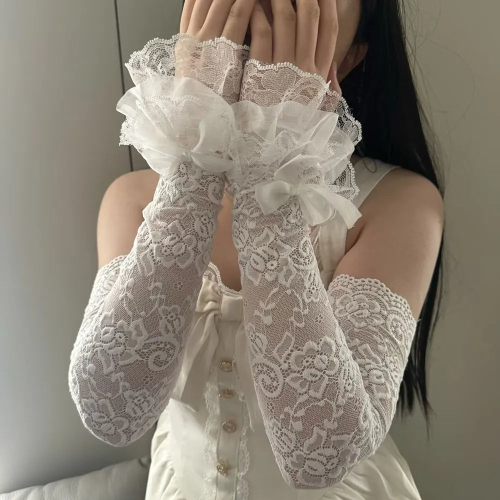 1 Pair Women Lolita Jk Lace Fingerless Gloves Black Gothic Fake Sleeves Trendy Elastic Long Lace Arm Sleeves Clothes Decorati