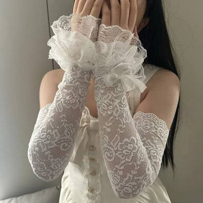 1 Pair Women Lolita Jk Lace Fingerless Gloves Black Gothic Fake Sleeves Trendy Elastic Long Lace Arm Sleeves Clothes Decorati