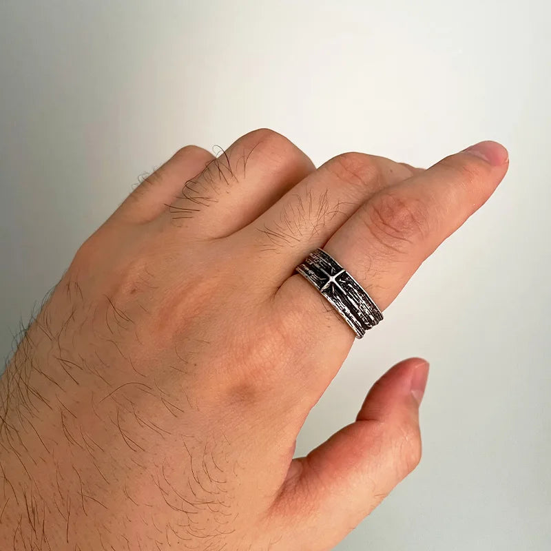 Retro Stary Night Art Ring For Men Silver Color Punk Gothic Adjustable Open Ring Rock Handmade Unisex Jewelry Accessories Gif