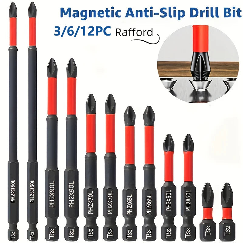 Magnetic Non-Slip Drill Bit Set 3/6/12 Pieces, S2 Steel, Crosshead and Impact Drill Bits, Suitable for Electric and Hand Driv