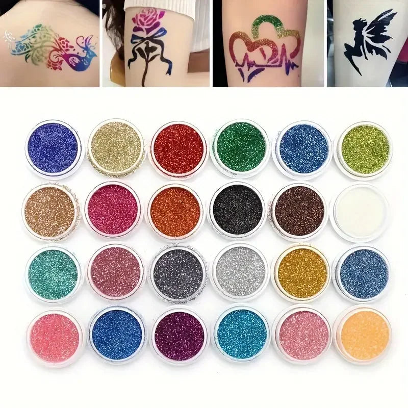 Glitter Temporary Tattoo Set 24 Colors with 2 Bottles of Glue,3 Sheets of Stencil Paper for Stage Performances,Christmas Part