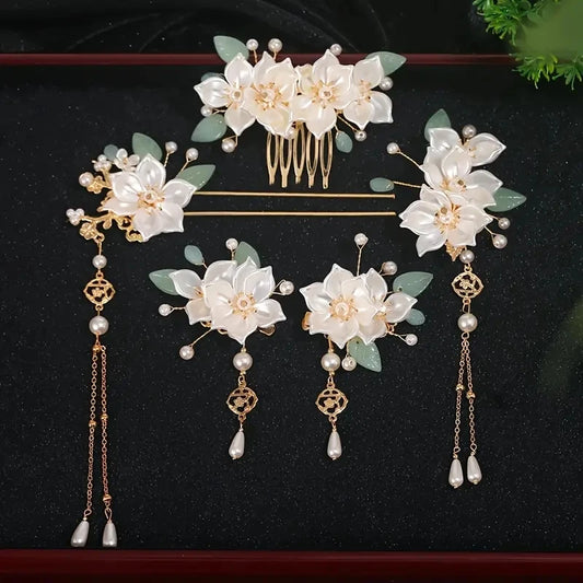 5-piece set featuring vintage floral and tassel designs, handmade Hanfu hair accessories, elegant classical style artificial 