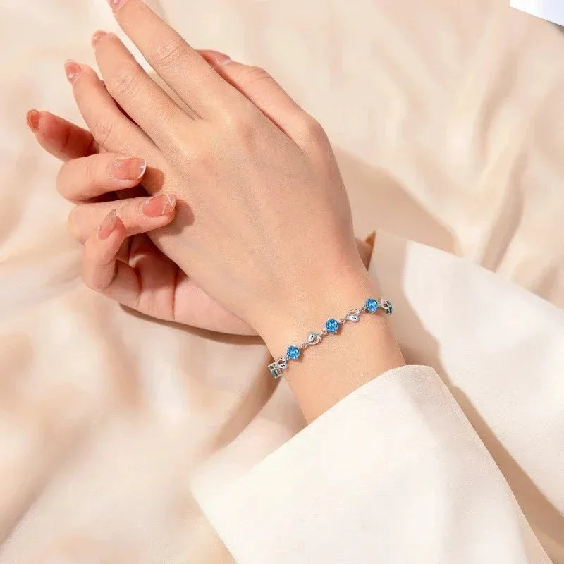 925 Sterling Silver Heart Shaped Necklace Bracelet Set for Women Vintage Korean Blue Crystal Bracelets Jewelry Set Party Jewe