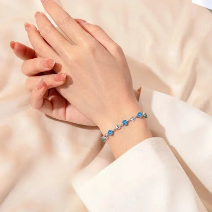 925 Sterling Silver Heart Shaped Necklace Bracelet Set for Women Vintage Korean Blue Crystal Bracelets Jewelry Set Party Jewe