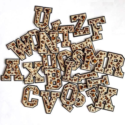 A~Z English Alphabet Letters Badge Patches,Leopard Print Applique Embroidery Iron on Stickers for Clothing,DIY Name Garment