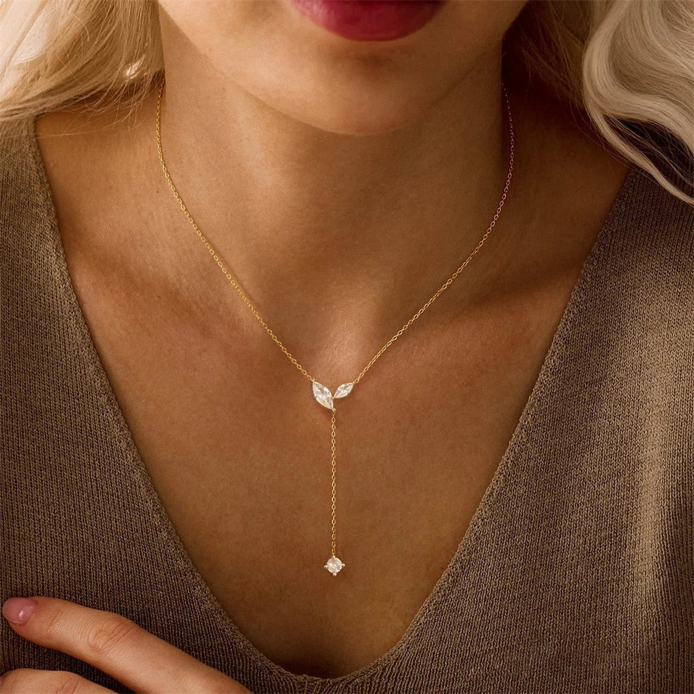 14K Gold Plated Lariat Necklace for Women CZ Star Clover Teardrop Y Shaped Drop Pendant Necklaces Elegant Party Wedding Jewel