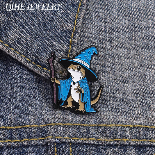 Lizard Wizard Enamel Pins Punk Gothic Blue Animal Metal Brooches Decorate Backpack Clothes Lapel Badge Funny Jewelry Gifts