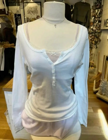 Six Buttons Ribbed Long Sleeve T-shirts Women Spring Round Neck Cotton Slim Tee Top Female Sweet Cute Pink Tshirt Y2k Tops Ne