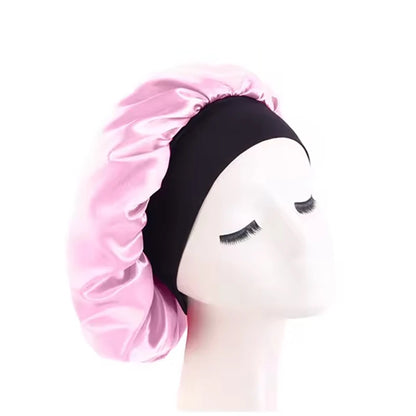 Women's Satin Solid Bonnets Wide-brimmed Night Sleeping Bathing Hat Unisex Head Wrap Elastic Band Cap Hair Care Bonnet - PK