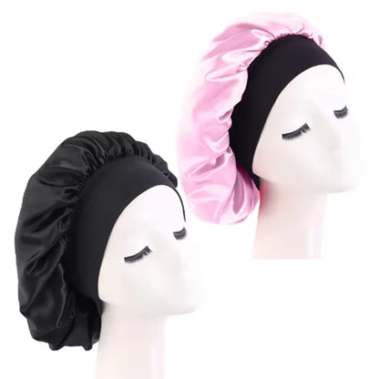 Women's Satin Solid Bonnets Wide-brimmed Night Sleeping Bathing Hat Unisex Head Wrap Elastic Band Cap Hair Care Bonnet - blac