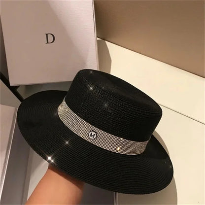 Boater Straw Hat wide brim French elegant square ribbon women's sun hat holiday straw hat 모자 햇빛 가리개