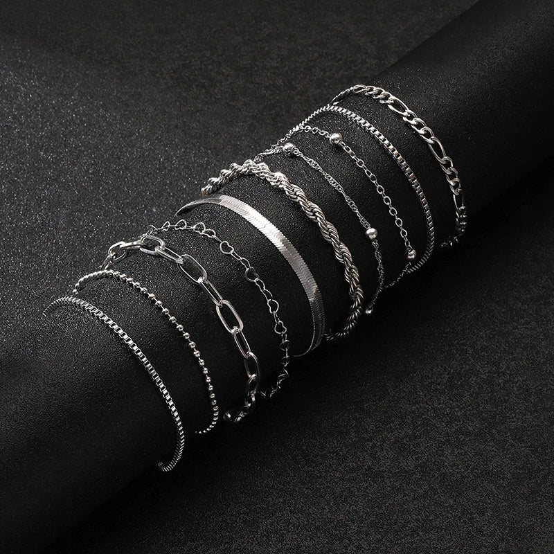 10 Pcs Vintage Statement Gold Color Flat Snake Chain Box Chain Bracelet Boho Multi-layer Metal Bracelet Women's Summer Jewelr