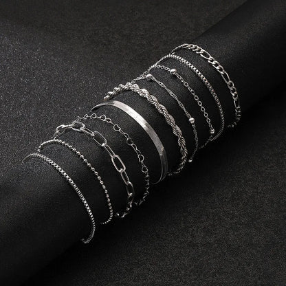 10 Pcs Vintage Statement Gold Color Flat Snake Chain Box Chain Bracelet Boho Multi-layer Metal Bracelet Women's Summer Jewelr