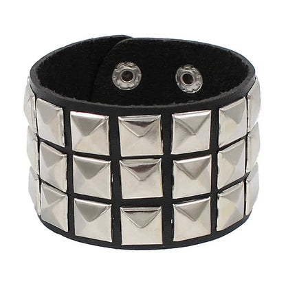 2023 New Gothic Punk PU Leather Bracelet 3 Row Cuspidal Spikes Rivet Chains Bracelet For Women Men' Friends Jewelry