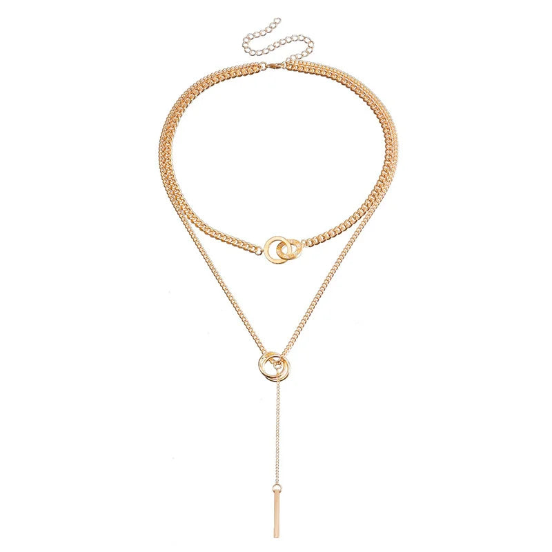 Golden Plated Lariat Necklace for Women Fashion Double Laryered Long Chain Drop Pendant Choker Necklaces Fashion Gifts