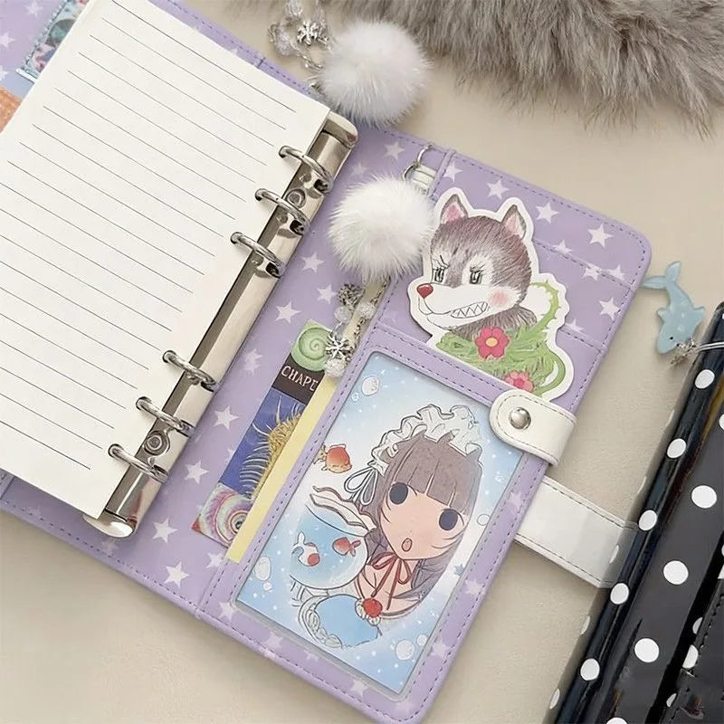 A6 Polka Dot Cloth Binder Notebook 6-Hole Loose Leaf Portable DIY Scrapbook Journal Multi Pocket Photo Album Planner School G