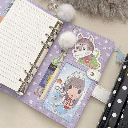 A6 Polka Dot Cloth Binder Notebook 6-Hole Loose Leaf Portable DIY Scrapbook Journal Multi Pocket Photo Album Planner School G