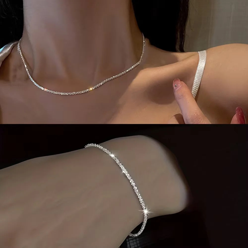 Set of Shiny Silver Plated Collarbone Chain Necklace Bracelet Jewelry, Women's Minimalist Starry Sky Accessories - S080-Suit