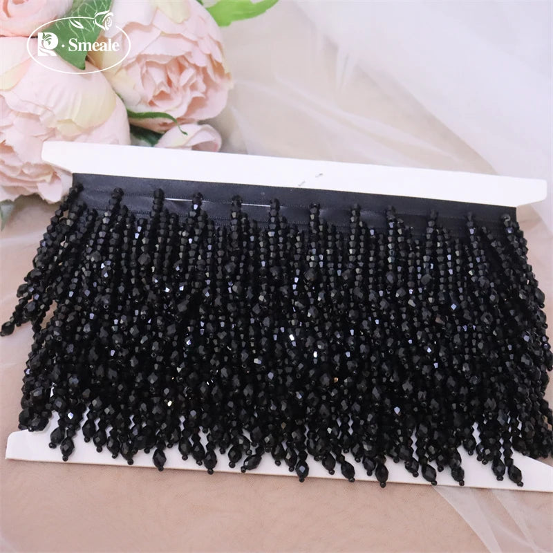 Lace Trim Beaded 2 Yards, Crystal Tassels, 5.5 Cm Wide, Vintage Lace Accent for Sewing, Scrapbooking - Black -B / 1Yard