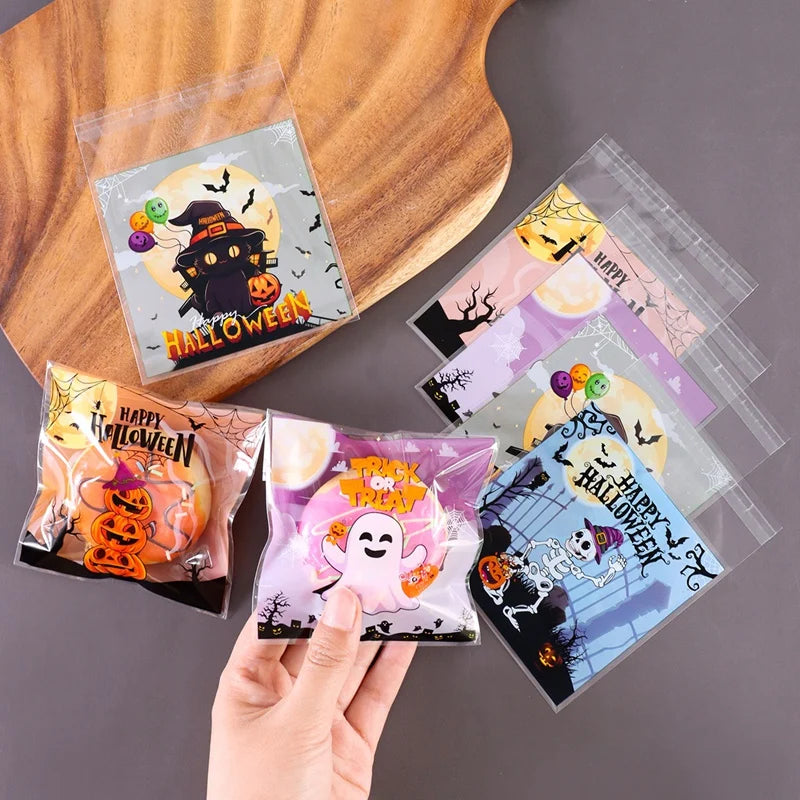 50/100Pcs Spooky Halloween Candy Bags Pumpkin Ghost Gift Cookie Self-Sealing Bags Halloween Party Decor Trick or Treat