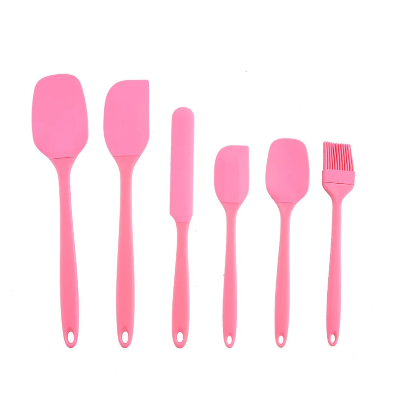 Silicone Kitchenware 6-Piece Set, Cream Scraper, Spatula, Oil Brush, Size Scraper Set Baking Tool, Non-Integrated Hand - Pink