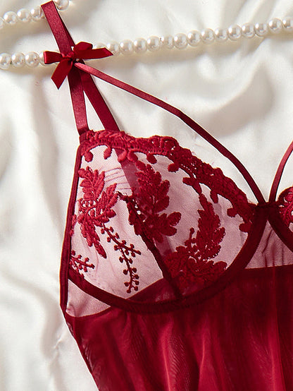 Wine Red Ladies' countryside style wheat ear embroidery semi transparent nightgown, elegant and comfortable, bow design ZA825