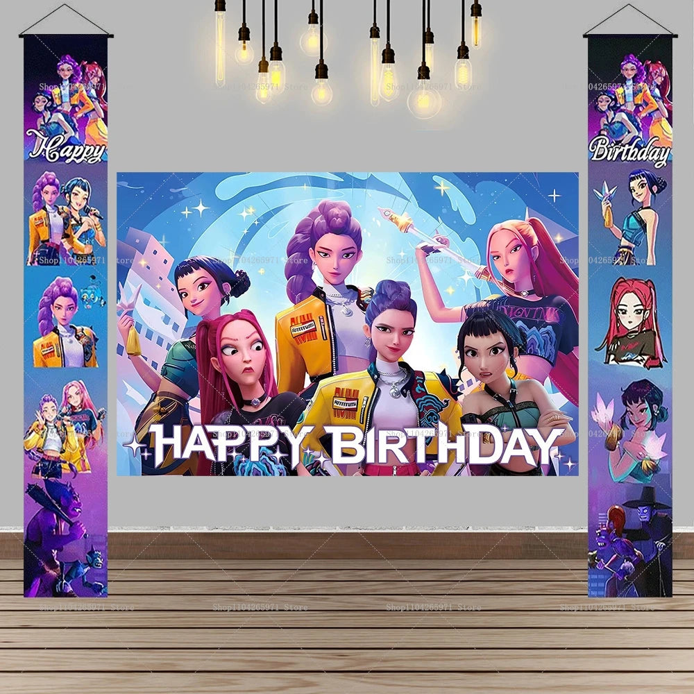 Hot KPop Demon Hunters Backdrop Door Banner Kids Adult Birthday Party Decorations Baby Shower Photo Booth Background Props