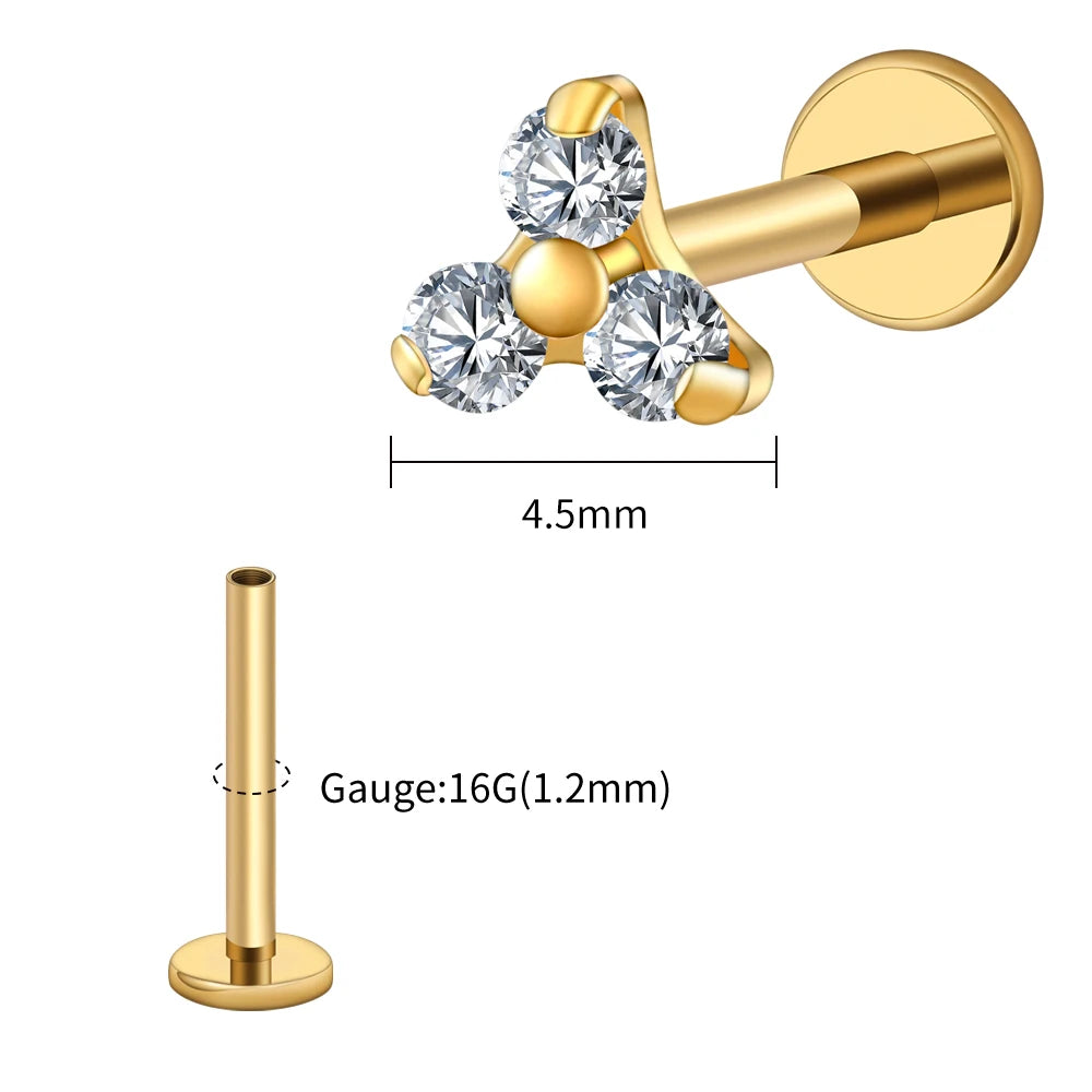 Right Grand ASTM F136 Titanium Tiny Trinity CZ Labret Stud 16G Triple CZ Flower Cartilage Earring Nose Medusa Earlobe Piercin