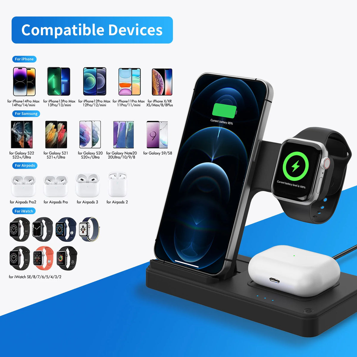 3 In 1 Wireless Charging Station Magnetic Fast Charging 18W Foldable For IPhone 16 15 14 13 12 Pro/Pro Max/Plus/Watch & Airpo