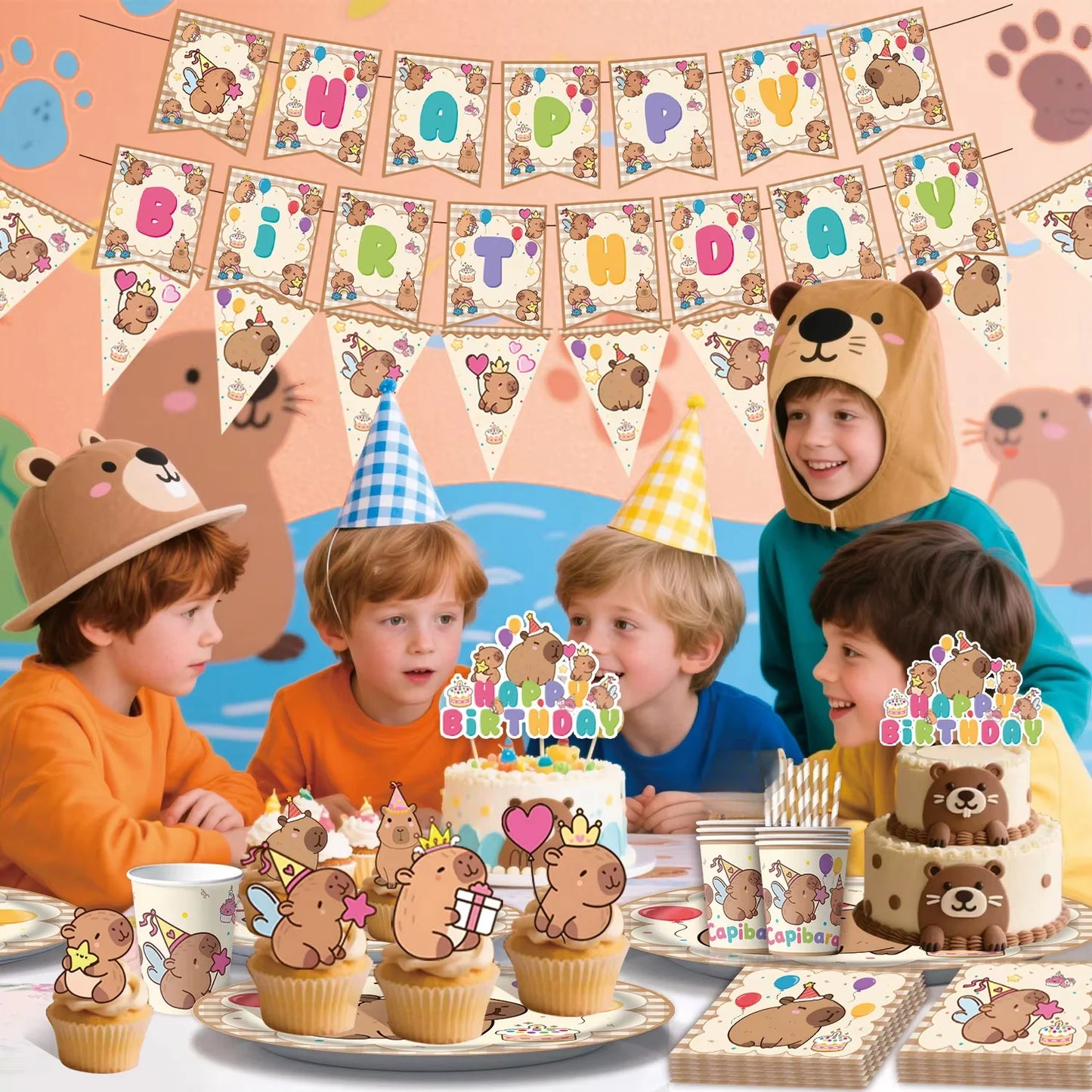 Birthday Decoration Capybara Birthday Invitation Card Cup Tablecloth Plate Napkin Poster Baby Shower Birthday Girl Party Favo