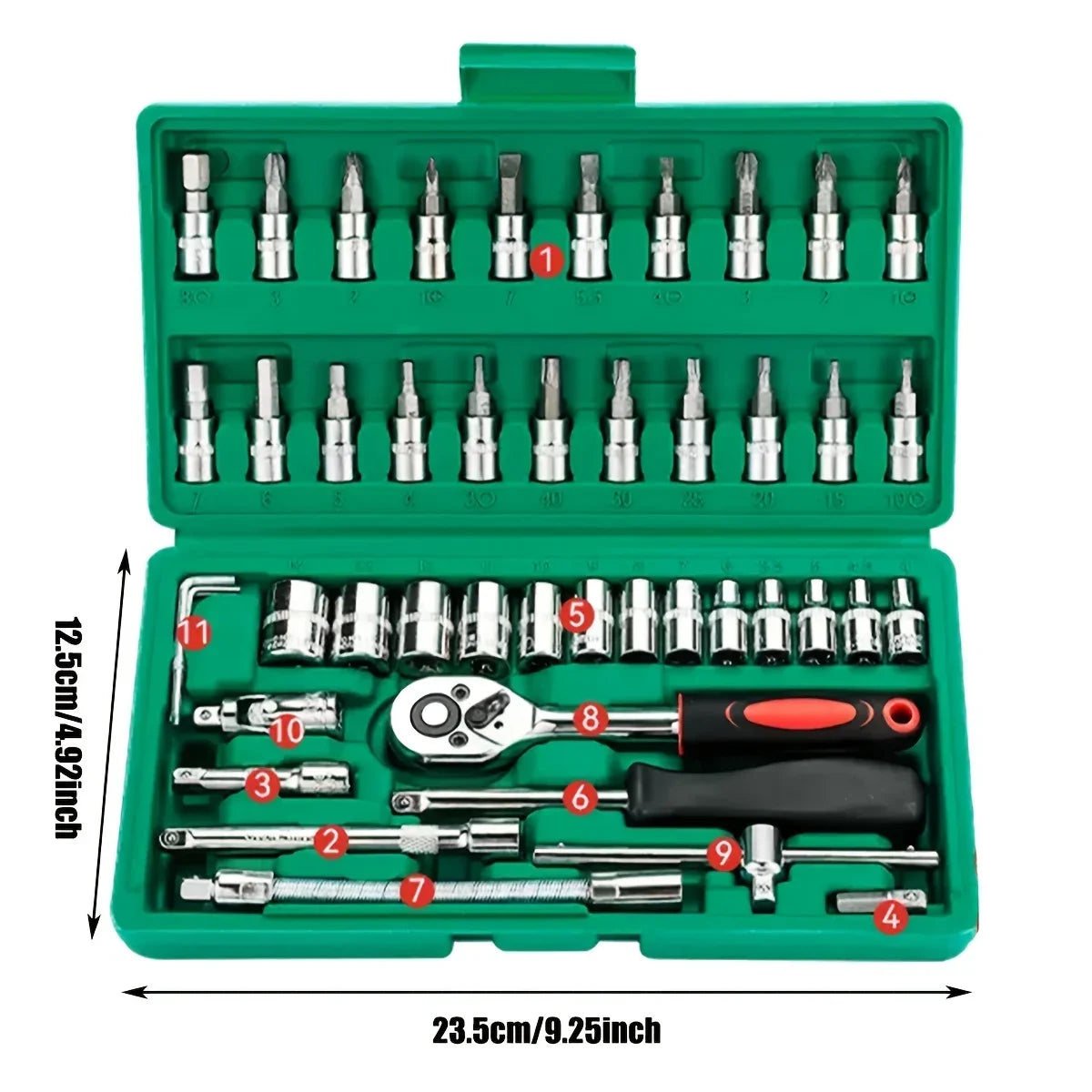 46pc Drive Socket Set 1/4 inch Ratchet Wrench Set Mechanic Tool Kits for Auto Repair Hous with Sockets Metric Hex Bit Socket 