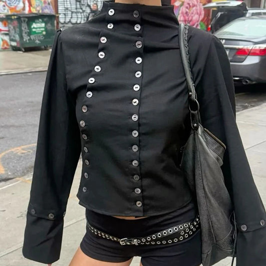 Goth Aesthetic Y2K Vintage Women's Long Sleeve Shirt Sexy Slim Fit Chic Button-Down Solid Color Crop Tops Grunge Punk Streetw