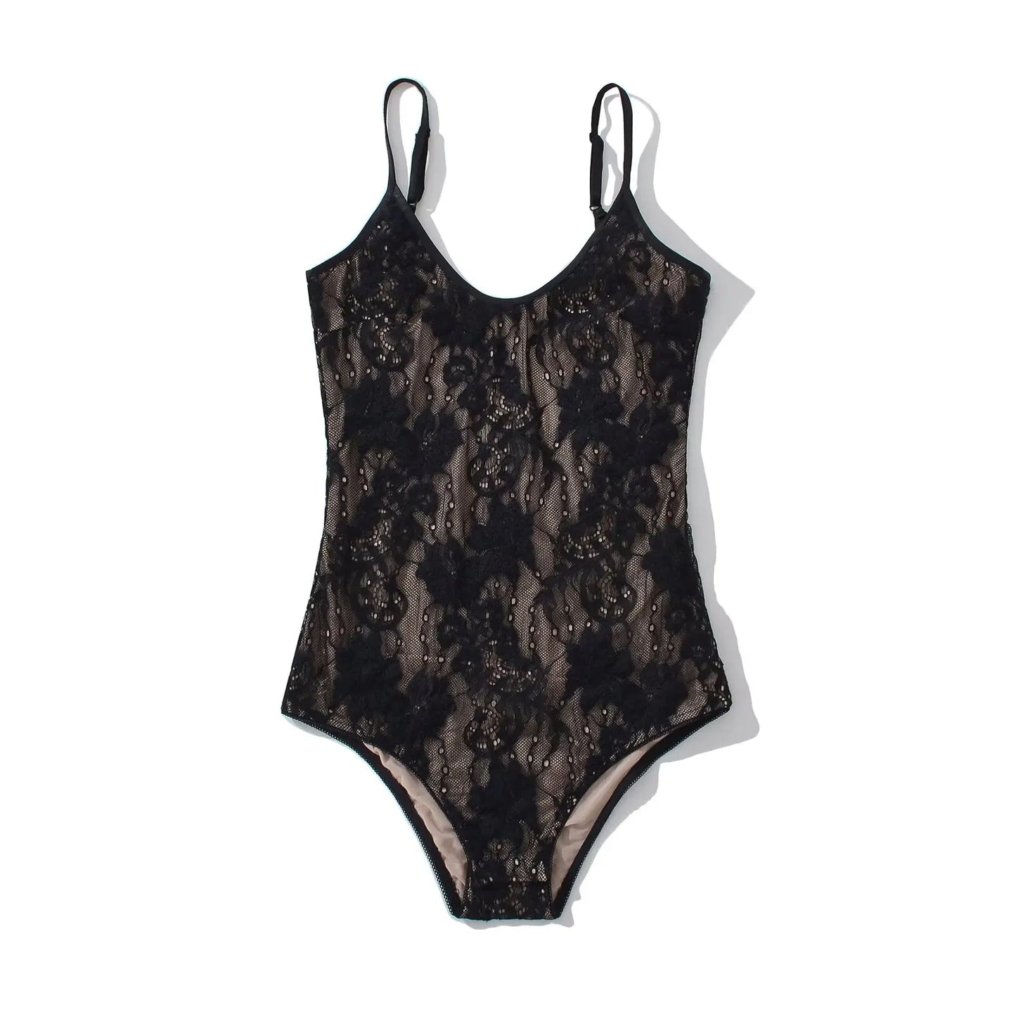 Sexy See Through Lace With Lining Backless Spaghetti Strap Bodysuit Woman Sling Tight Short Jumpsuit Slim Fit Rompers Playsui