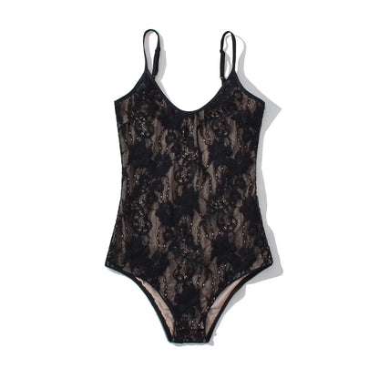 Sexy See Through Lace With Lining Backless Spaghetti Strap Bodysuit Woman Sling Tight Short Jumpsuit Slim Fit Rompers Playsui