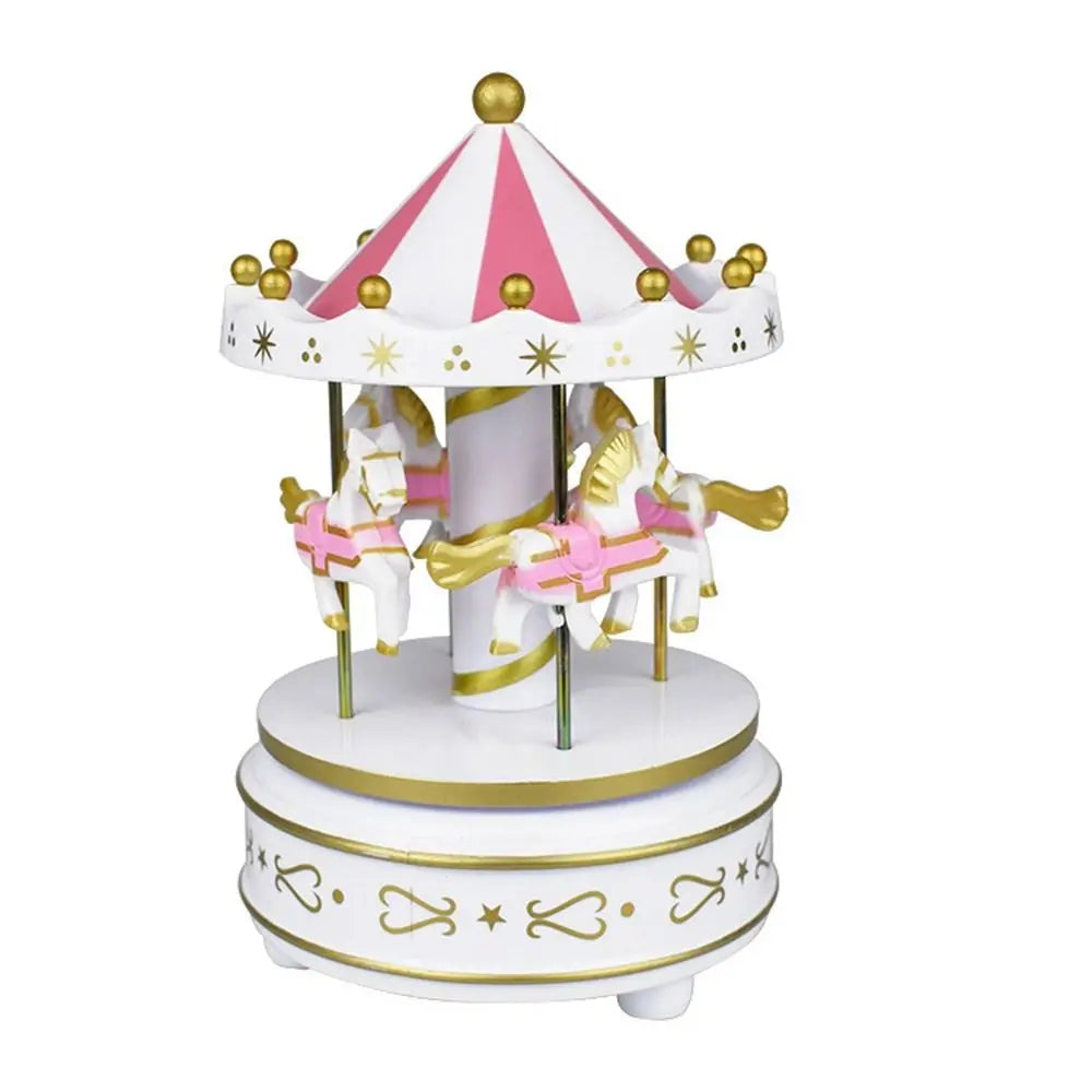 Creative Fantasy Christmas Holiday Decor Carousel Music Box Easy Use Carousel Ferris Wheel Ornaments - White-Pink