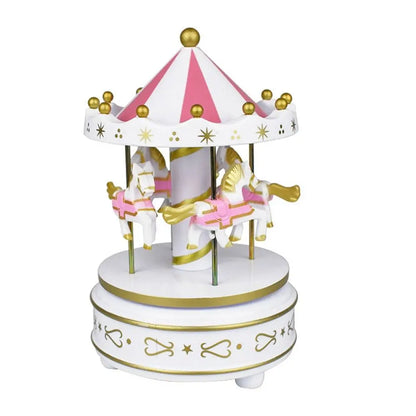 Creative Fantasy Christmas Holiday Decor Carousel Music Box Easy Use Carousel Ferris Wheel Ornaments - White-Pink