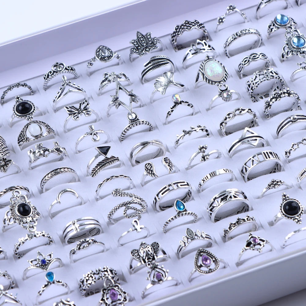 20Pcs/Lot Vintage Bohemia Geometry Flowers Leaf Rings For Charm Women Mix Style Color Fashion Jewelry Gift Accessories - silv