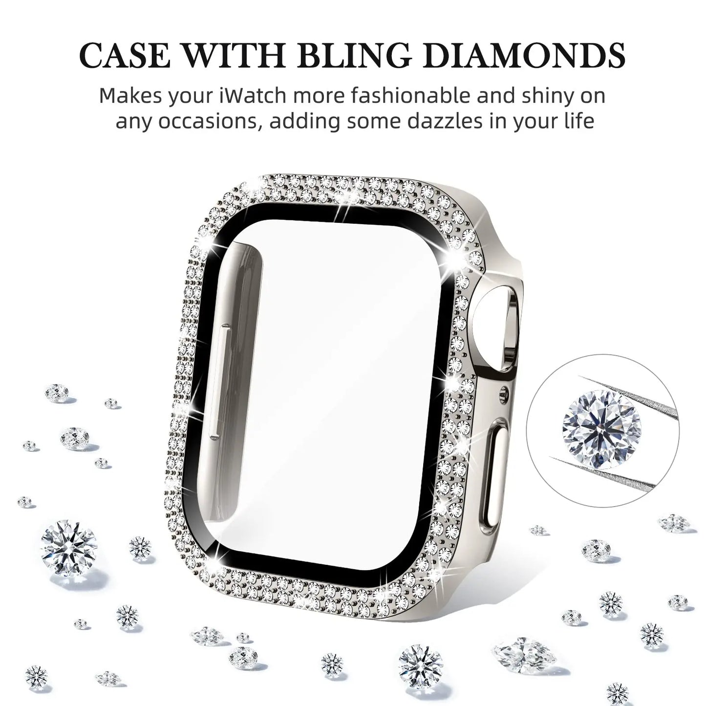 Glass+Diamond Cover For Apple watch case 46mm 40mm 44mm 41mm 42mm 45mm Bling Bumper Protector iWatch Series 11 10 9 SE 7 8 ca