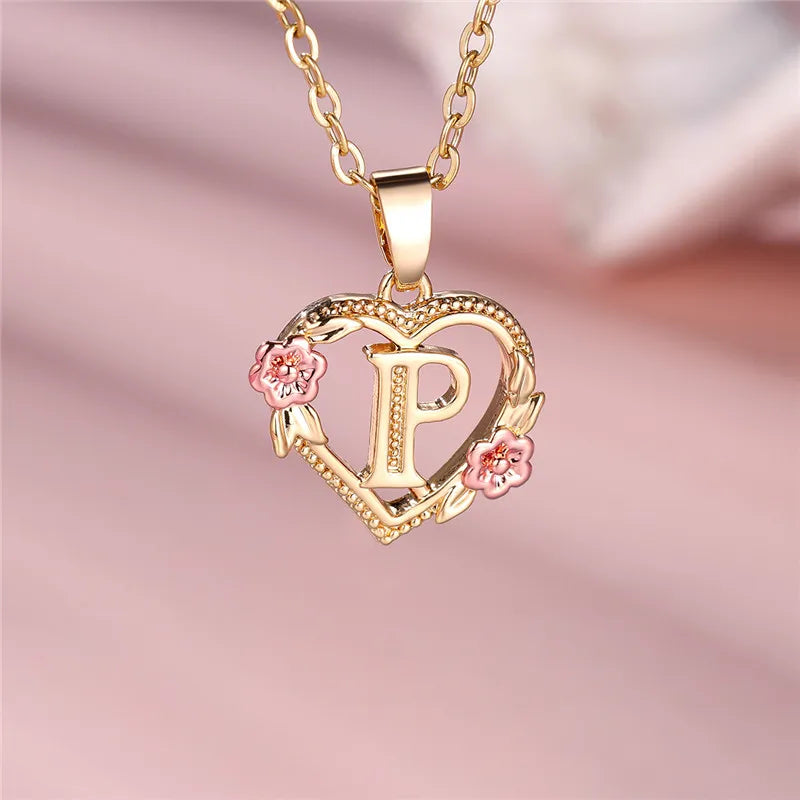 Female A-Z Letter Flower Pendant Necklace Yellow Gold Color Wedding Jewelry Gift For Women - P