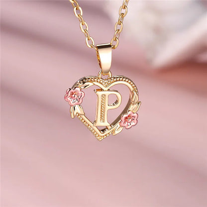Female A-Z Letter Flower Pendant Necklace Yellow Gold Color Wedding Jewelry Gift For Women - P