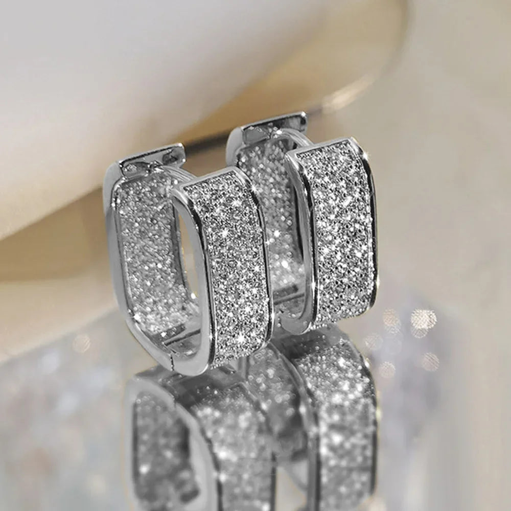 Luxury Full of Zircon Shiny Geometric Square Hoop Earrings for Women Temperament Gold Color Stainless Steel Korea Jewelry Gif