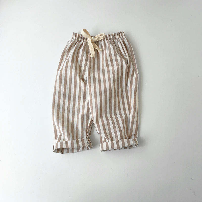 Children's Clothing Vintage Linen Cotton Stripe Pants Baby Boy Girl Casual Shorts Spring Summer Girls Loose Trousers and Shor