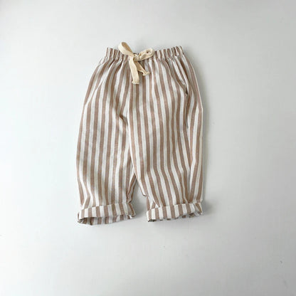 Children's Clothing Vintage Linen Cotton Stripe Pants Baby Boy Girl Casual Shorts Spring Summer Girls Loose Trousers and Shor