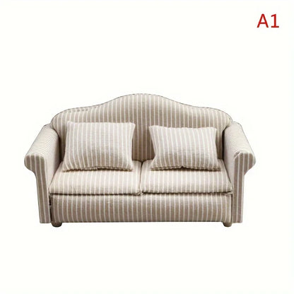 1: 12 Mini Furniture Sofa DIY Decoration Doll House Mini Furniture Living Room Furniture White Beige Sofa with Pillows