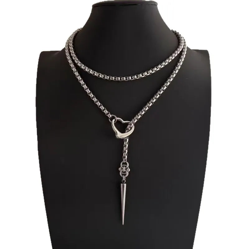 Lariat Necklace Spike Featuring Hammered O-rings Unique Chainmail Pendant Necklace