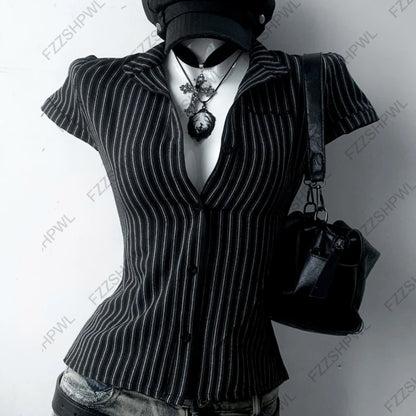 Gothic Women's Shirt Chic Aesthetic Grunge High Street American Style Striped Lace-up Slim Fit Fashion Hip Hop Short Sleeve T