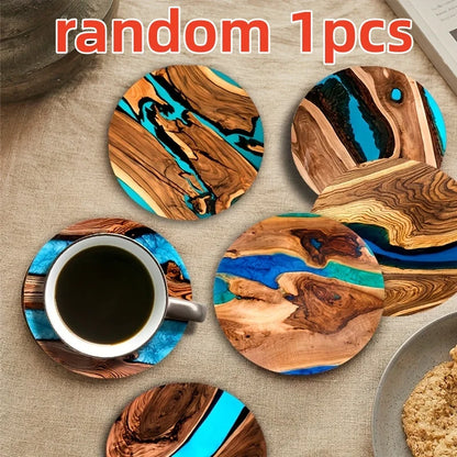 6pcs Vintage Wooden Coasters 2D 4in Tree Pattern with Lake & Desert Designs High-End Home Decor for Coffee Shops & Dining Tab