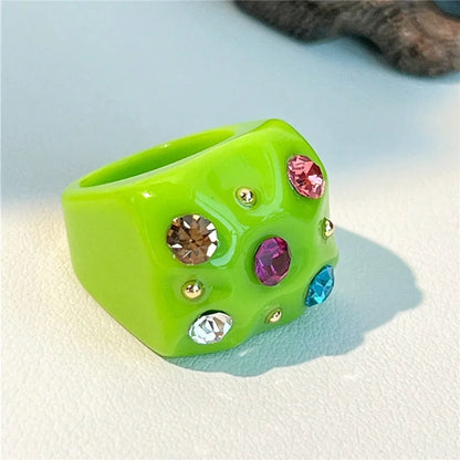 2022 New Sweet Multicolor Resin Oil Drip Ring for Women Geometric Oval Flowers Beads Rhinestones Ring Cute Jewelry HangZhi